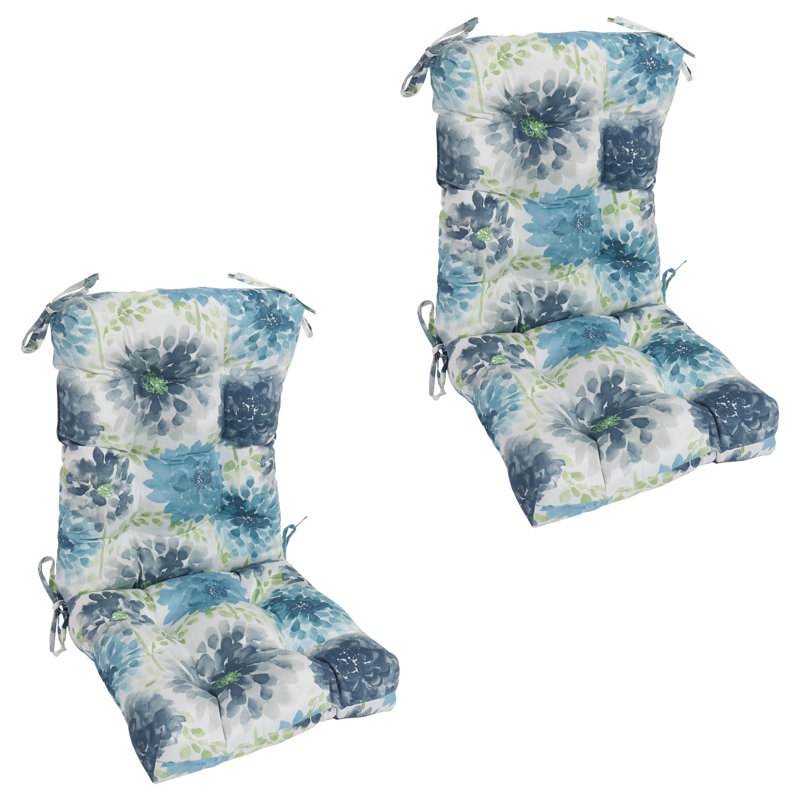 Outdoor Tufted Seat/Back Chair Cushions (Set Of 2), White/Blue/Gardenia Cool Floral, 18" W x 18" D