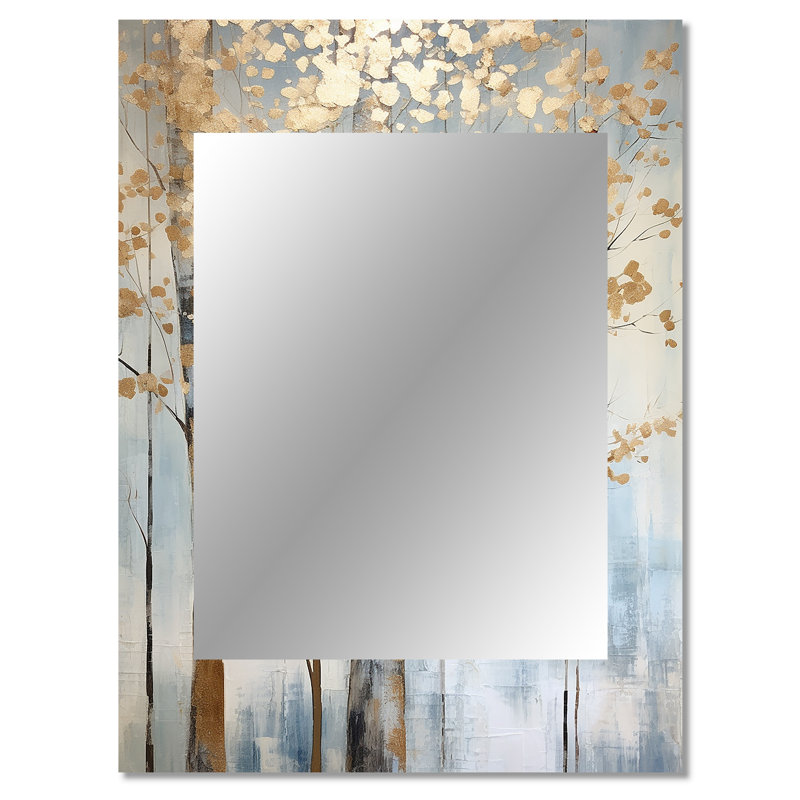 Gold And Blue Treasure Trees Scenery II - Trees Unique Wall Mirror, Traditional Mirror, Printed Metal Art, 40" x 30"