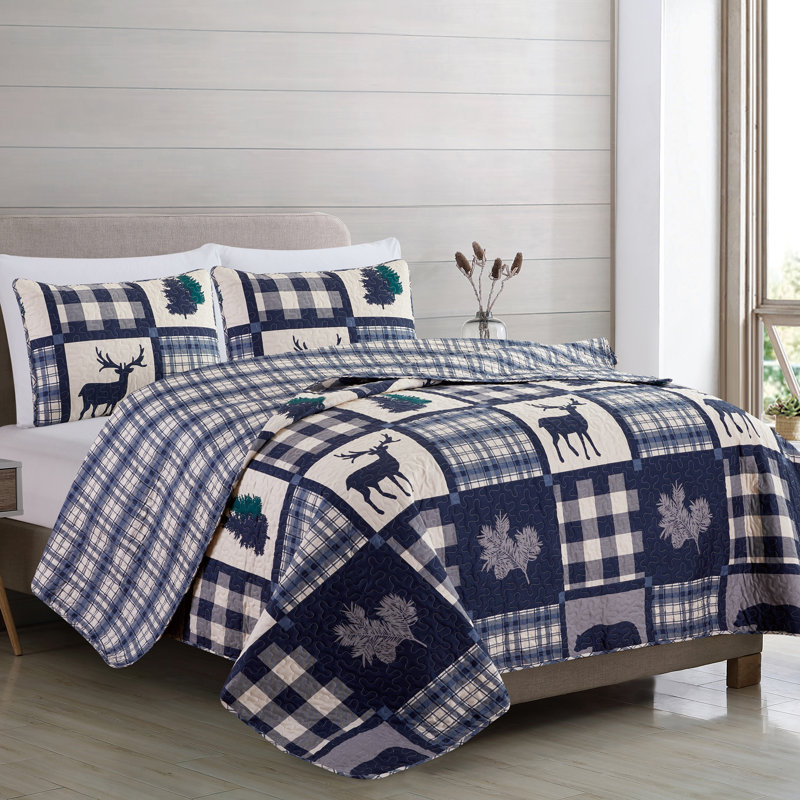 King Size Navy and Grey Microfiber Reversible Quilt Set