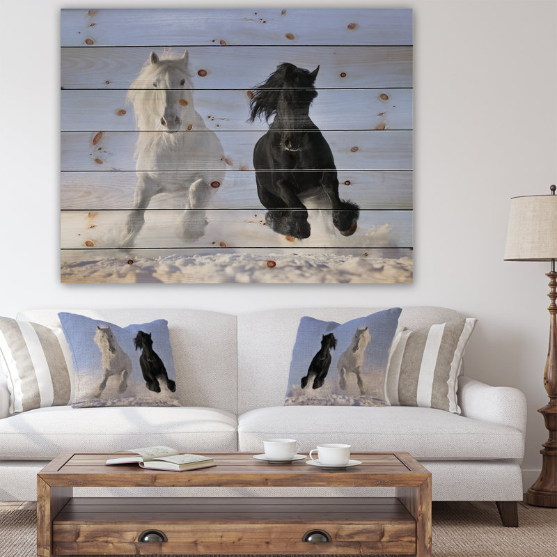 Cheval blanc et noir - peinture sur bois sans cadre, H 30 po x l 40 po x P 1 po