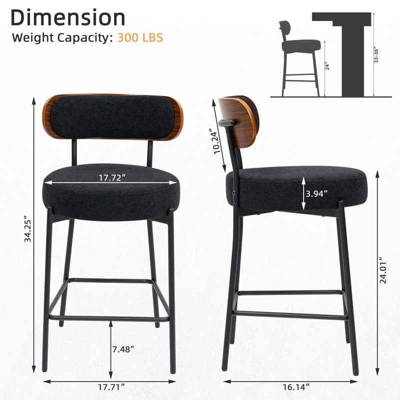 Counter Height Ferrer, 24" Ferrer , Boucle Counter Stools With Back, Boucle Ferrer For Kitchen Island, Dining Room, Black
