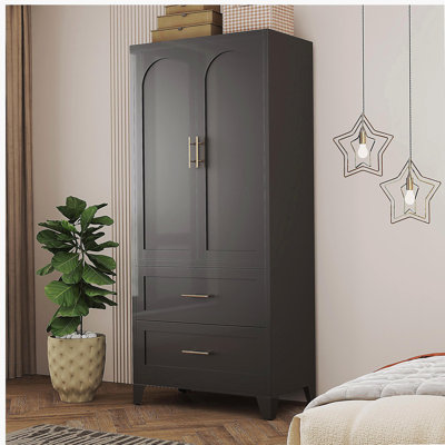 Armoire-penderie de 71 po de hauteur avec 2 tiroirs et tringle à vêtements, garde-robe 2 portes avec tablette pour chambre à coucher, bureau, salle de lavage, vestibule, vestibule, maison d'amis (noir)