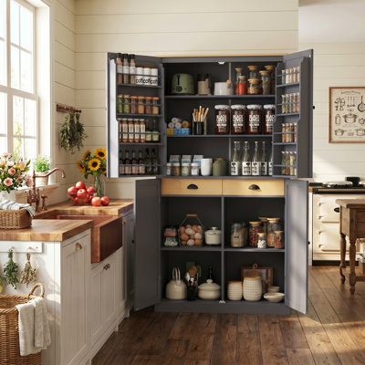 40.2"  x 20"  x 71.3" Freestanding Kitchen Pantry with 2 Drawers, 2 Adjustable Shelves & 8 Door Shelves, Gray