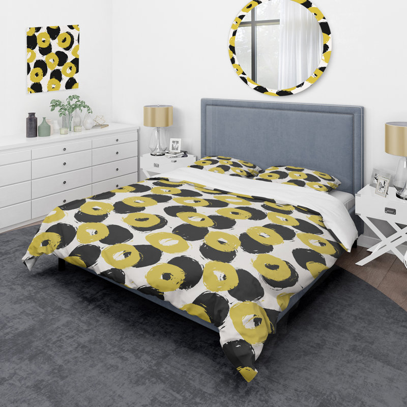 Ensemble de housse de couette en microfibre noir / jaune 2 pièces, Housse de couette pour grand lit et 2 taies décor
