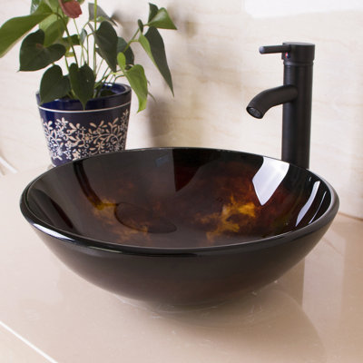 Wonline 16.34'' Tempered Glass Circular Bathroom Sink with Faucet
