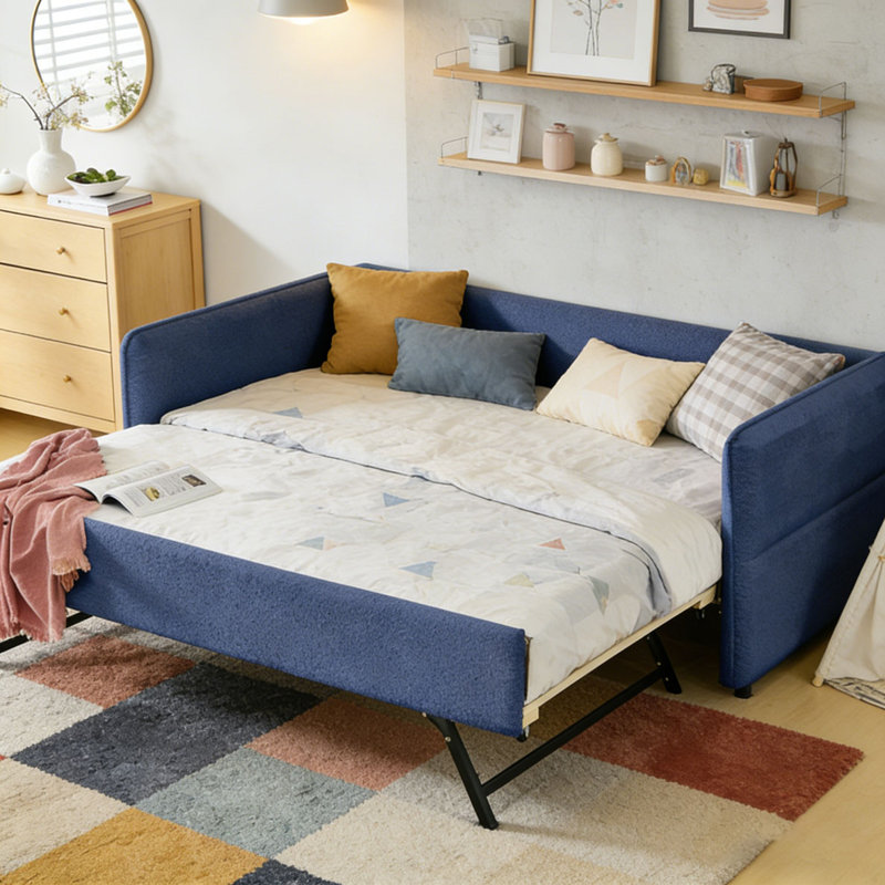 Boucle Fabric Daybed, Full1, Blue-Trundle