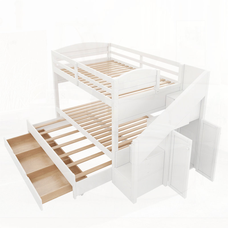 Lit superposé avec lit gigogne et trois tiroirs de rangement, escalier de rangement et garde-robe, Blanc