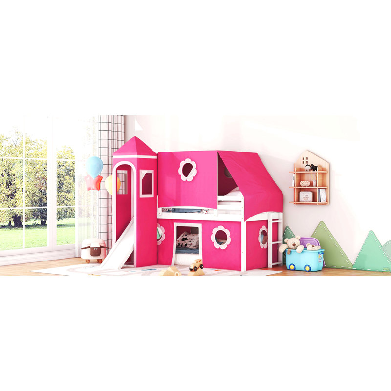 Lit mezzanine simple avec tente et tour rose Slide, Rose