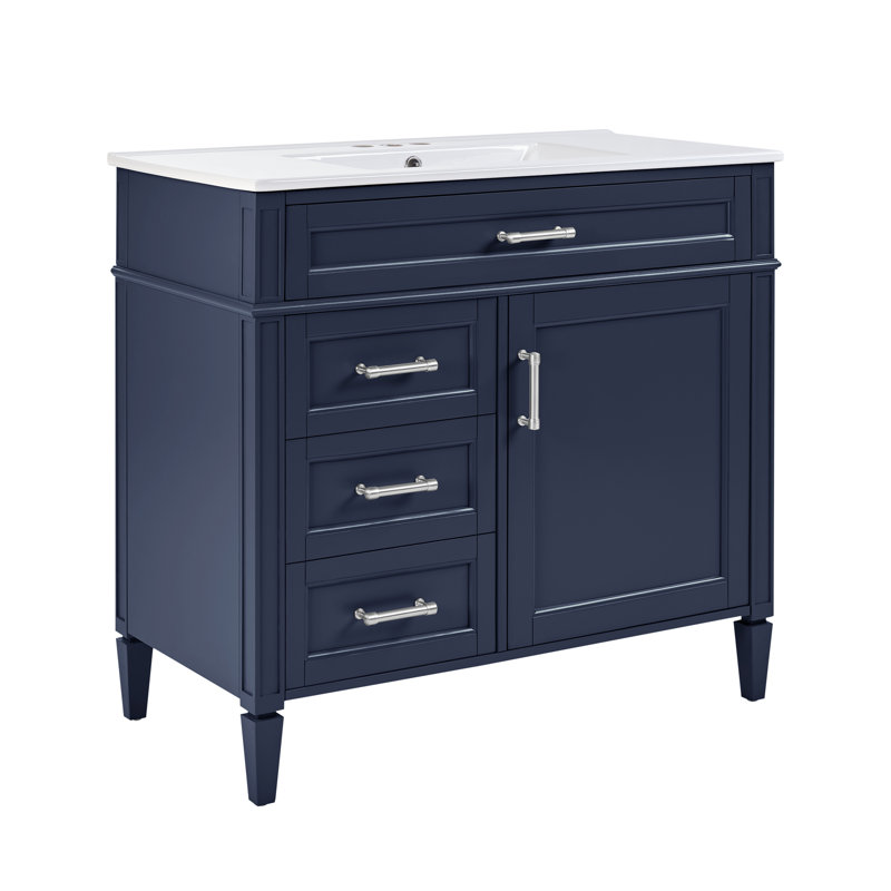 Meuble-lavabo en bois massif 36 po, Bleu / Argent