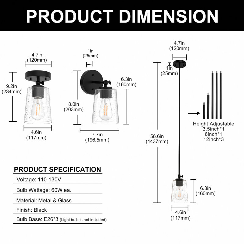 Luminaire suspendu simple noir mat à 1 lumière Adreina (paquet de 3)