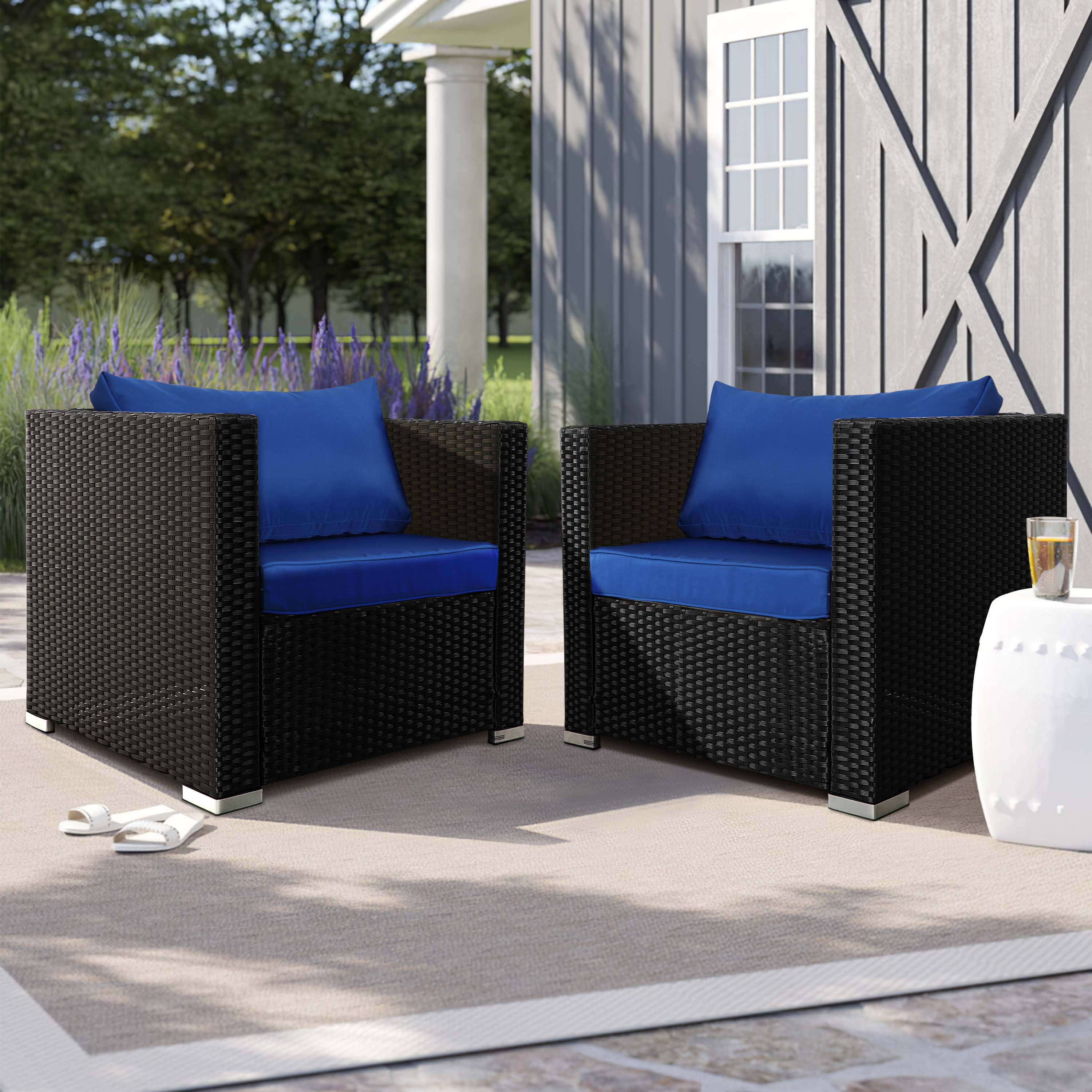 Outdoor Wicker Recliner Patio Chair with Cushions Latitude Run Cushion Color: Navy Blue