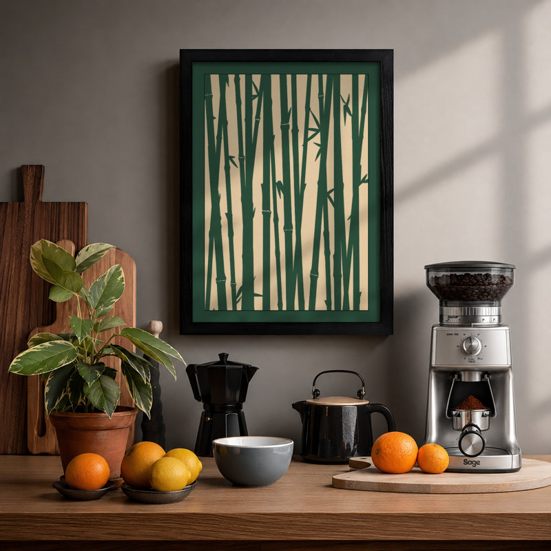 Bamboo in Green Japandi - Framed Print, A3 - 42.0 x 29.7 cm, Black