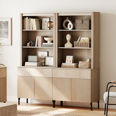 71.6"H X 63"W Set Of 2 Bookcase With Storage Cabinets, 10 Tier Bookshelf With Fluted Doors And Drawers, Large Modern Display Cabinet For Living Room Bedroom Home Office Kitchen