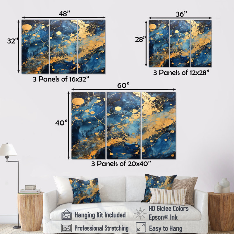 Sparkling Gold Blue Ocean - ensemble d'art mural en marbre, Toile tendue, H 40 po x l 60 po x P 1 po