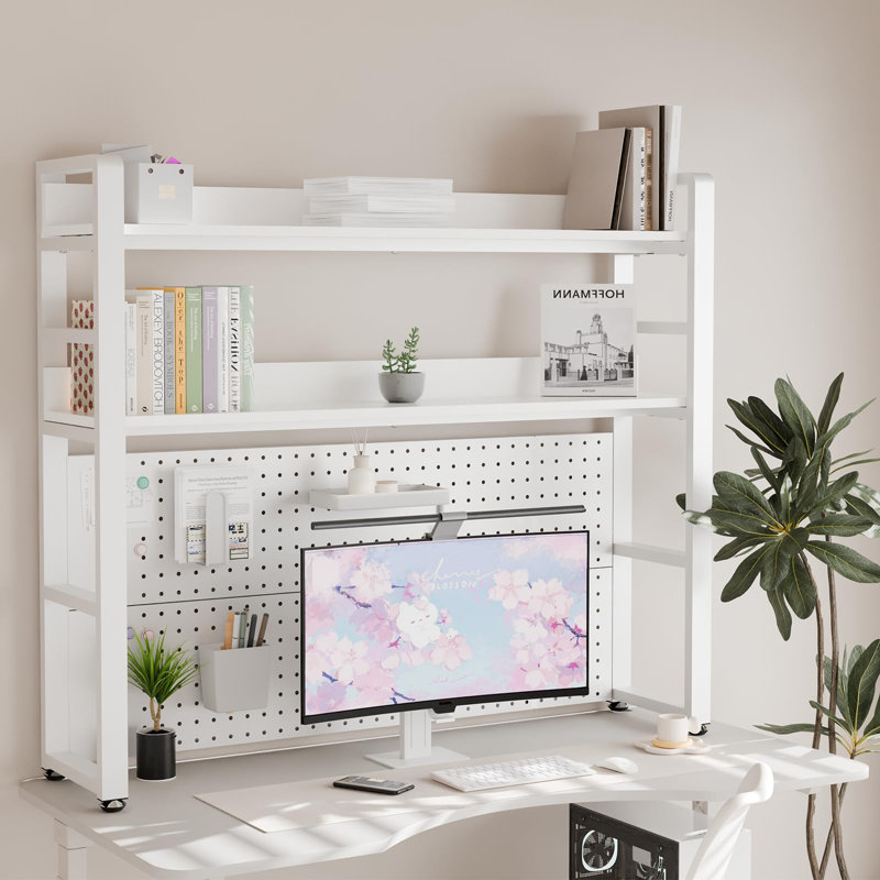 Minimalist 2-Tier Desk Shelf With Concealed Screws Pegboard Desktop Organizer Countertop Storage Bookcase, White