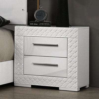 Transitional White High Gloss 1Pc Nightstand With 2 Drawers, Metal Side Glide, Hardware And Bar Pulls For Bedroom Reformed Modern Style Glide Texture