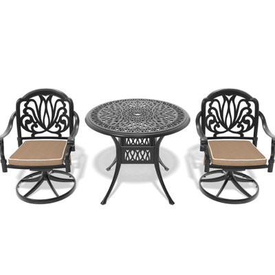 3 ensembles de salle à manger d'extérieur en fonte d'aluminium. 2 chaises pivotantes et une table ronde de 35,43 po. Structure noire, beaux motifs, résistance aux intempéries, dossiers confortables, collection de coussins résistants aux intempéries. Noir,
