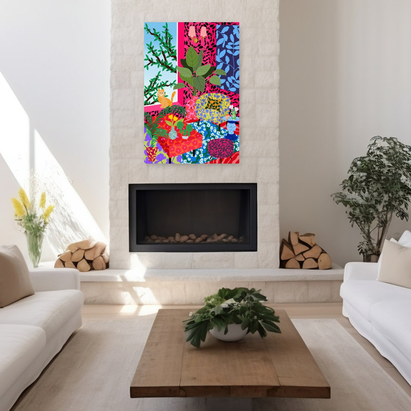 Chat, fleur, salon, art mural contemporain, H 48 po x l 32 po