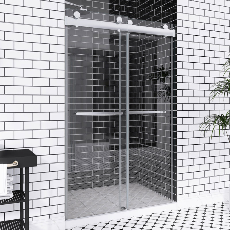 44 à 48 po X P 76 po H Double porte de douche coulissante sans cadre | Fermeture en douceur | Verre trempé de 3/8 po d'épaisseur avec revêtement facile à nettoyer