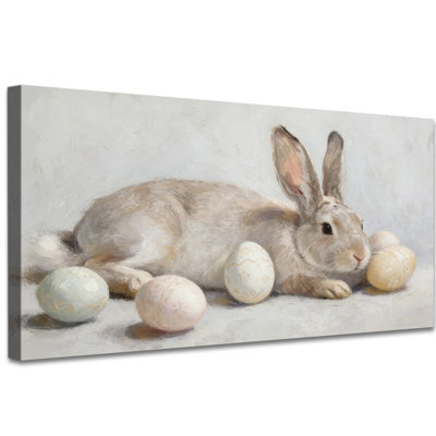 Lapin de Pâques, reproduction d'art sur toile, lapin et œuf de couleur, peinture pastel rétro, toile de Pâques encadrée, prête à être suspendue, 12 po x 24 po
