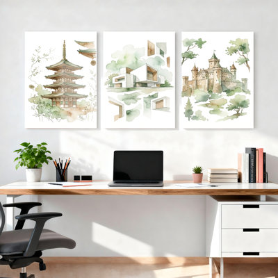 Pagode japonaise, architecture moderne, château, aquarelle sur toile, ensemble de 3 reproductions de peintures à l'huile