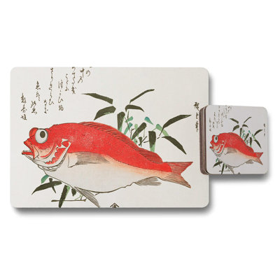Koi Fish Placemats And Coasters Set Japanese Art Bamboo Design