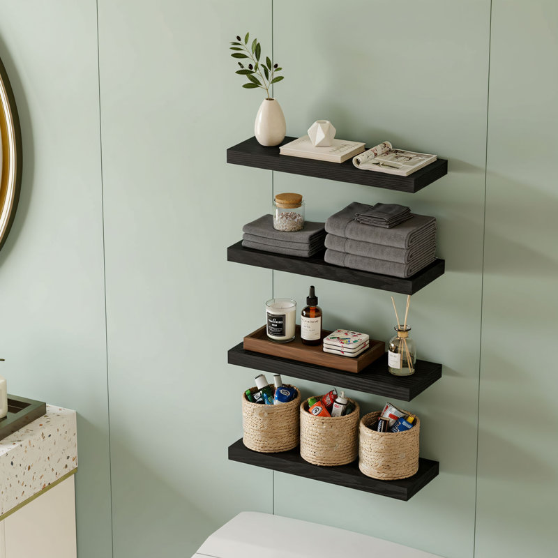 Black Country-Style Wooden Wall-Mounted Shelving Set (4 Pieces), Suitable For Bathrooms, Living Rooms, Bedrooms, And Kitchens; Multi-Functional For Storage, Book Display, And Decoration.