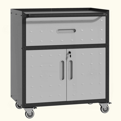 Armoire à outils en métal robuste et durable pour le garage avec roues - Armoire de rangement mobile robuste avec 1 tiroir et 2 portes verrouillables, armoire de rangement à outils roulante
