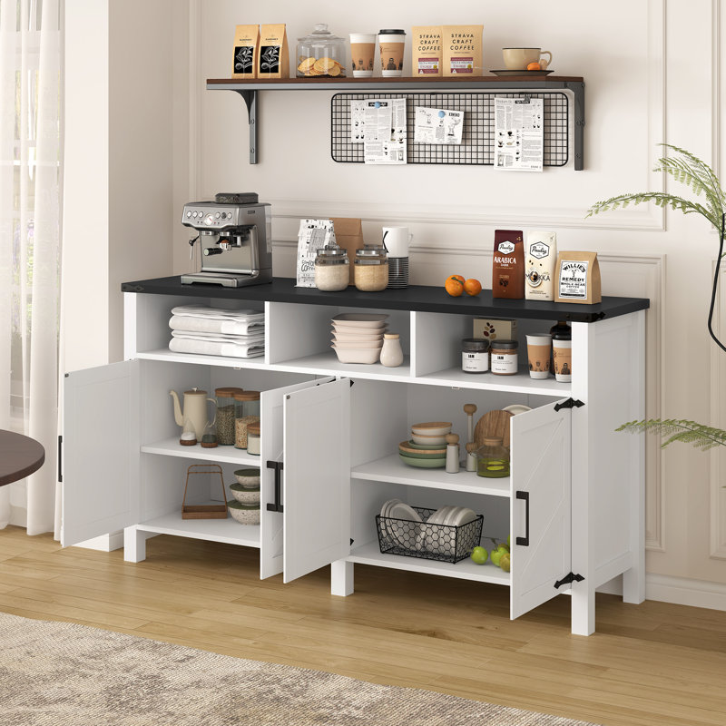 59" Modern 4-Door Sideboard with Power & USB, Adjustable Shelves, Half-Open Storage, Metal Accents, White