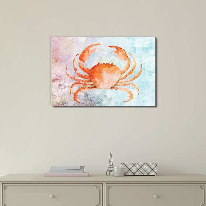 Art nautique crabe orange aquarelle sur fond abstrait pastel coloré, impression sur toile tendue