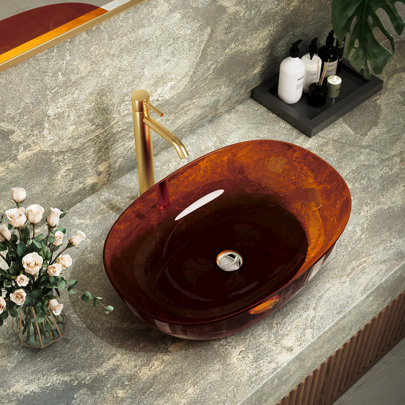 CASAINC Oval Solid Surface Resin Bathroom Vessel Sink, Coffee Brown