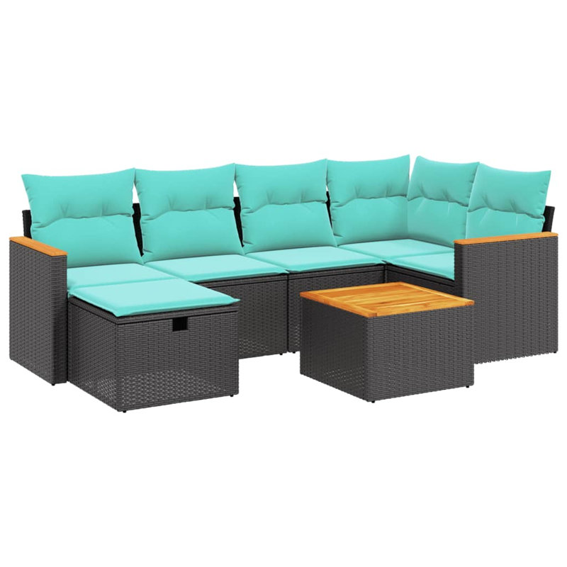Ensemble de canapé de patio 7 pièces avec coussins en rotin de polyester, Bleu clair, Noir