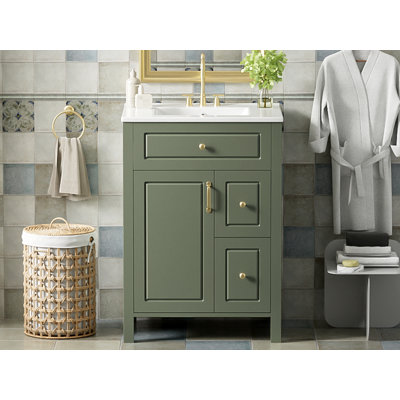 24-Inch Bathroom Vanity With Ceramic Sink, 1 Soft Close Door, 2 Soft Close Drawers, And Double Storage Racks On The Door