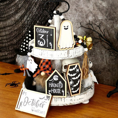 6-Piece Halloween Tiered Tray Décor Set – October 31, Haunted House, Bat & Ghost Signs