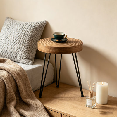 16" Round Solid Cedar Wood Side Table with Textured Top