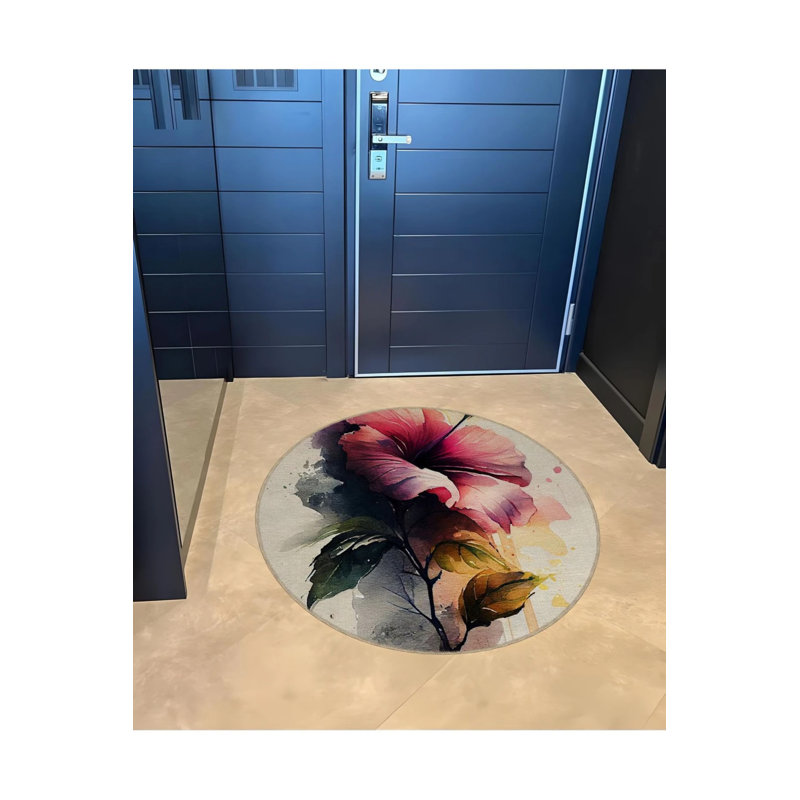 Decorative Carpet With Colorful Flower Details And Watercolor Look, Round 2'8"