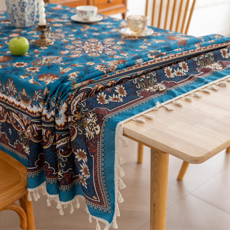  Nappe imprimée à la main pour tables carrées, housse de table rétro avec bords frangés, nappe décorative pour la cuisine et la salle à manger, 59 po x 86 po