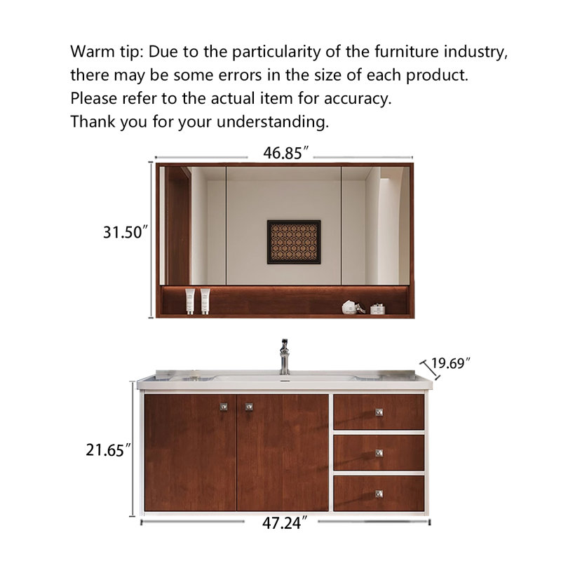 Meuble-lavabo en bois d'hévéa de style Bauhaus avec finition brune et lavabo en céramique