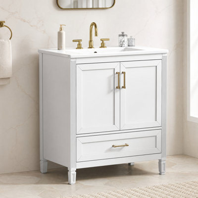 30" Modern Fluted Freestanding Single Bathroom Vanity with Ceramic Sink, Solid Wood Legs, Soft-Close Doors & Drawer, Door Storage, Single Box Shipping