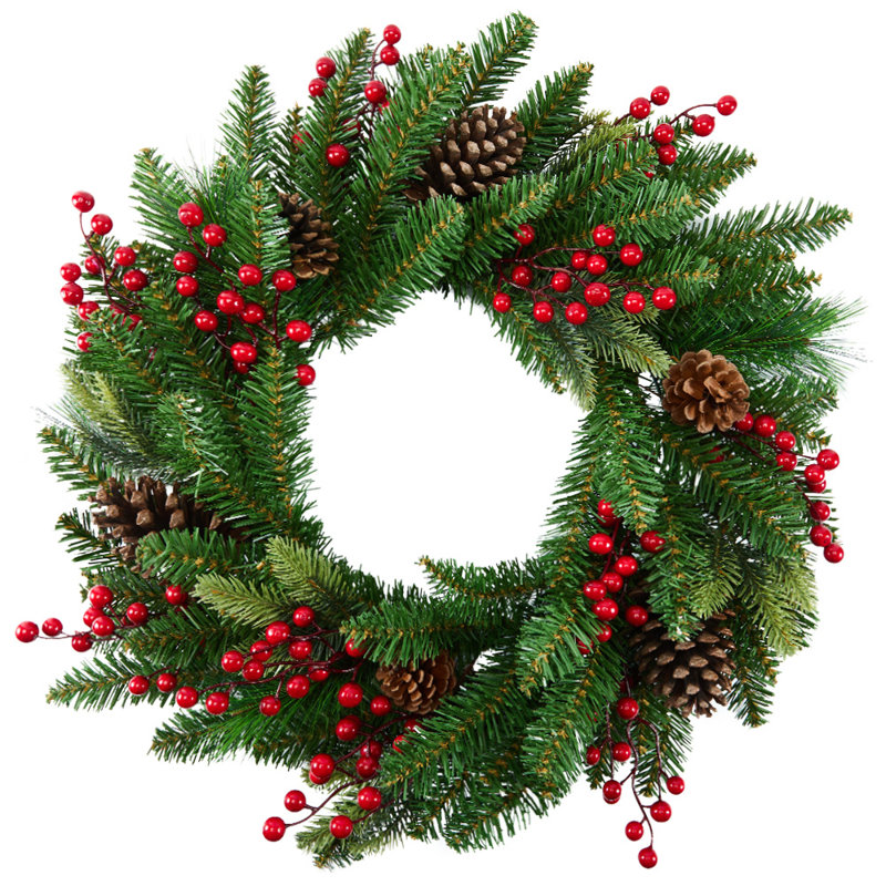 Couronne de Noël de 24 po pour les fêtes - Couronne de pin ArChristmas avec baies rouges et pin artificiel 