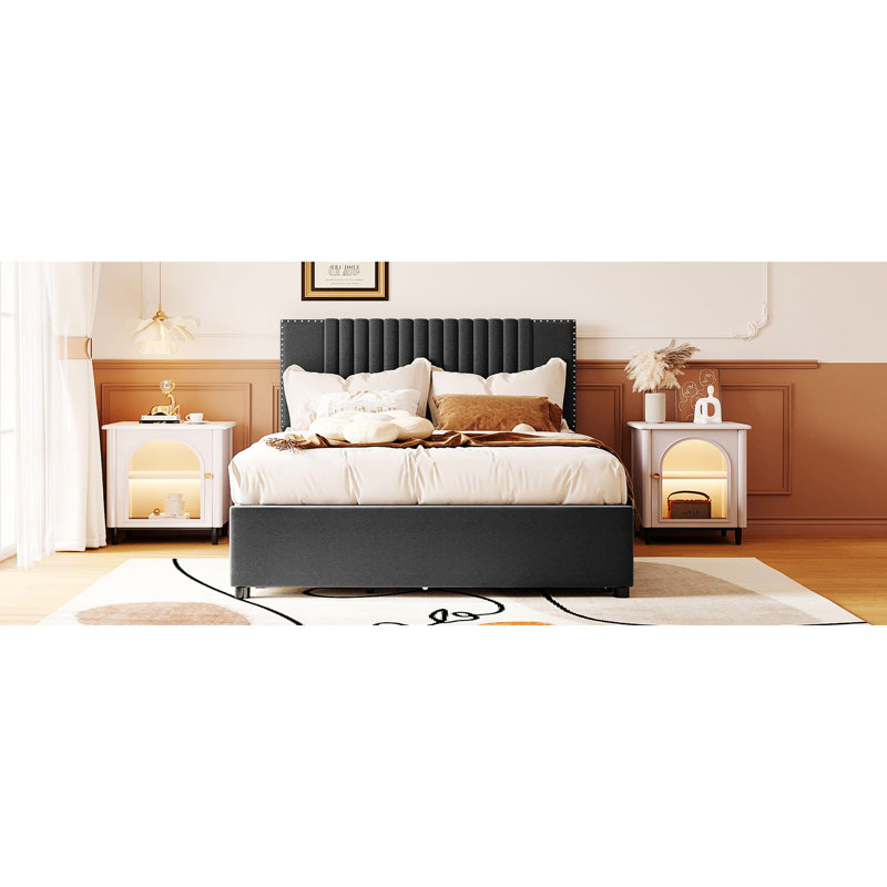 Lit plateforme tapissier gris avec cahiers à 2 tiroirs et lit gigogne, tête de lit classique, tiroirs et tête de lit en contreplaqué, fabrication robuste, rangement pour le confort de la chambre à coucher, assemblage pratique