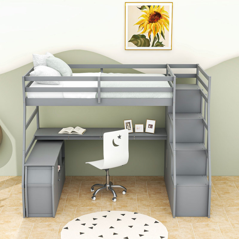 Lit mezzanine 7 tiroirs avec bureau Giannis, gris