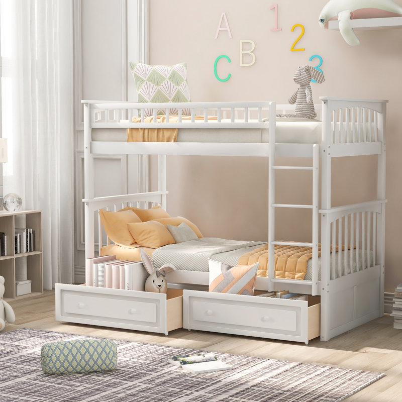 Bunk Bed With Drawers, Full Over Full, White Colour, Convertible, Solid Pine - Strong Wood Construction For, Twin, White