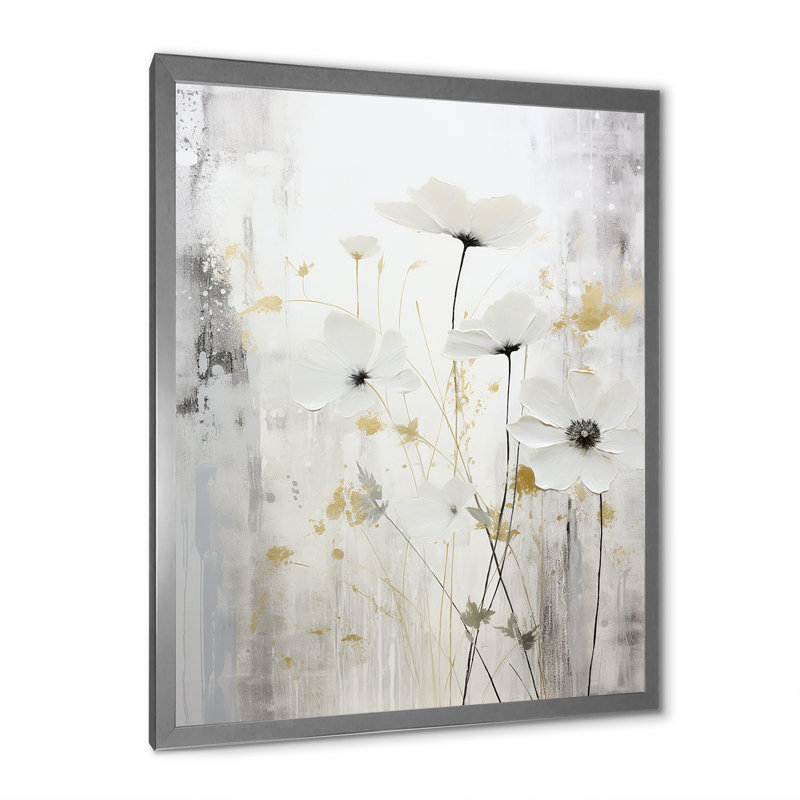 «Gray and White Herbs Minimal Harmony I», reproduction d'art sur toile, H 32 po x l 24 po x P 1 po, Cadre simple argenté