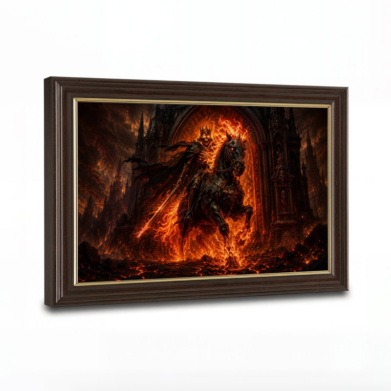 Roi squelette enflammé sur un cheval noir, toile murale gothique d'Halloween, H 12 po x l 18 po