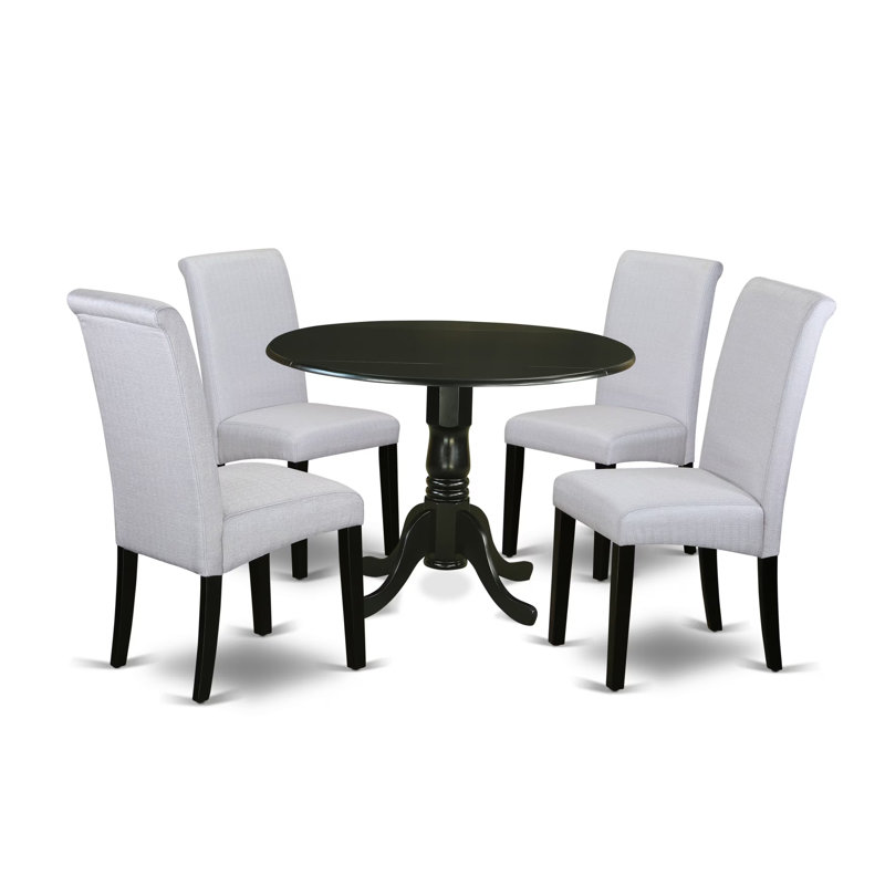 L'ensemble de salle à manger 5 pièces comprend une table de salle à manger ronde avec Dropleaf et 4 chaises Parson rembourrées en tissu gris, 42 x 42 pouces, noir