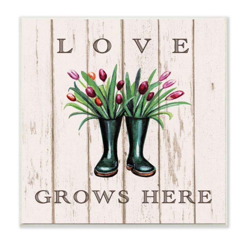 «Love Grows Here Expression Rainboot Tulipes Bouquets» par Elizabeth Tyndall - impression d'art graphique, H 12 po x l 12 po