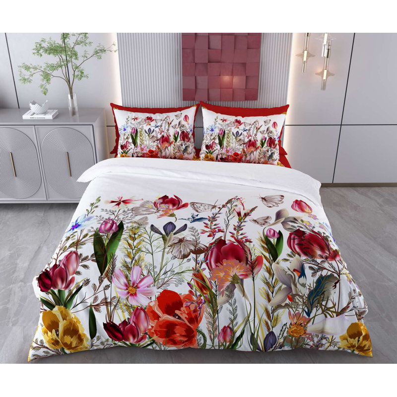 Premium Single Quilt Cover Set (1 Duvet Cover & 1 Pillowcase), 100% Cotton & Polyester Blend, 55.1 x 78.7 inches | Machine Washable, 145 Thread Count, Elegant Pigment Printing in White, Brown, Red, Green & Pink