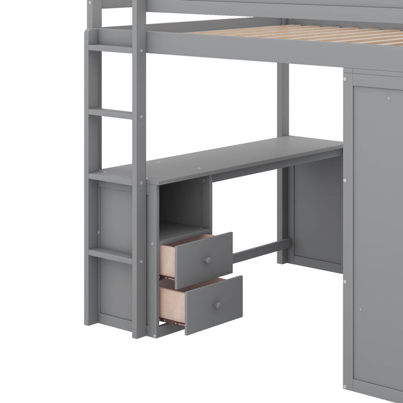 Lit mezzanine en bois avec placards, bureau à 2 tiroirs et armoire, Gris, Lit double