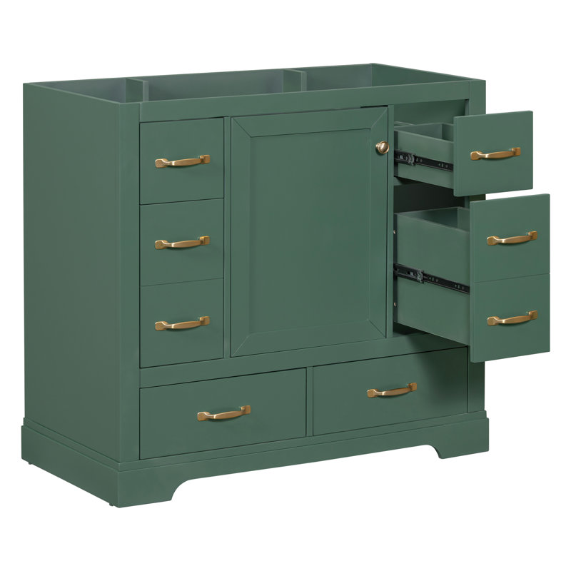 Meuble-lavabo 36 po, 6 tiroirs en bois massif, tablette réglable, base d'armoire compatible avec lavabo encastré, design moderne, autoportant, assemblage